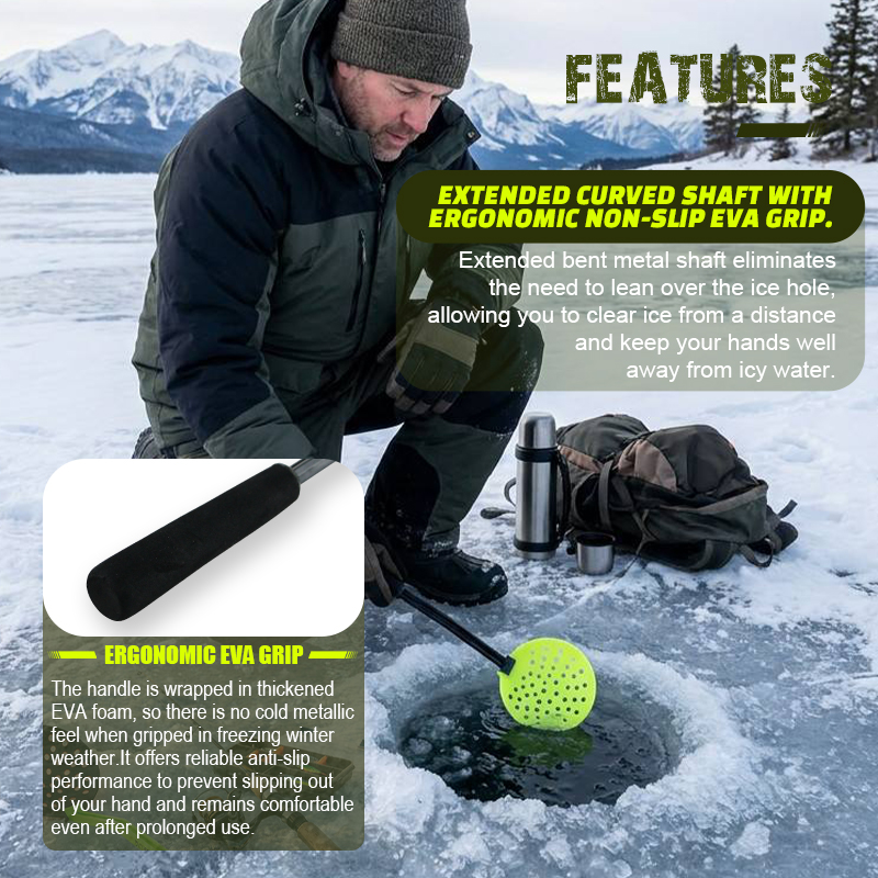 Pala plegable para pesca en hielo Selco con cabeza perforada de ABS y empuñadura de EVA