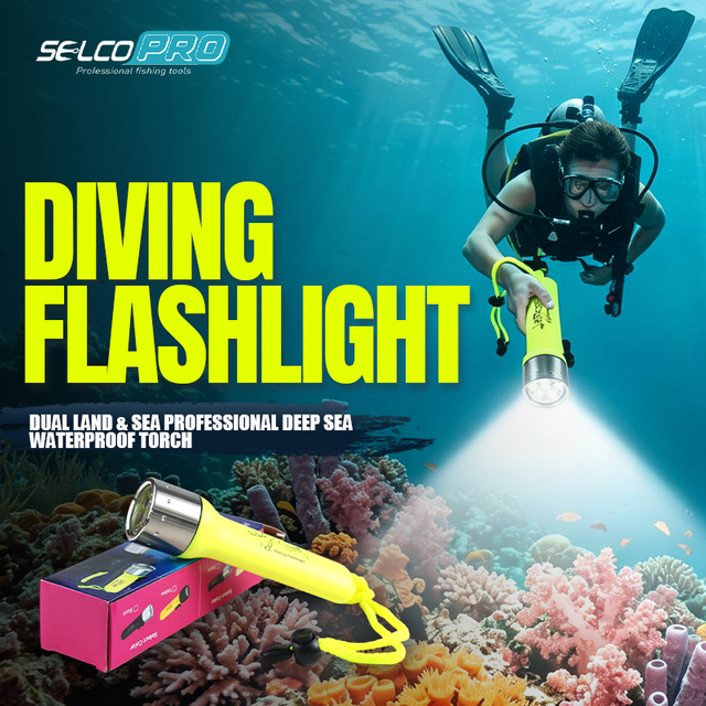 Selco Linterna de Buceo con Interruptor magnético a Prueba de Agua y cordón de muñeca, Antorcha Impermeable con Pilas AA de 150-180LM para Buceo y Uso en Exteriores